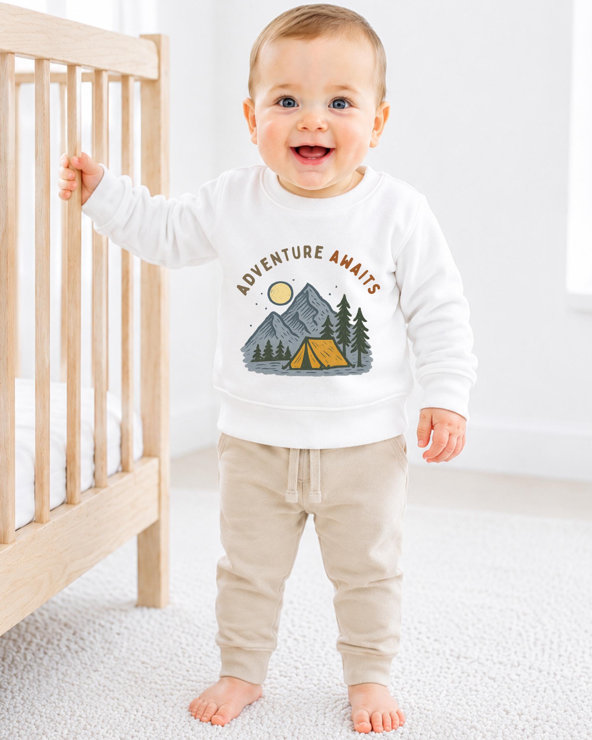 A smiling baby boy wearing a white sweatshirt with a graphic of a tent and mountains, standing in front of a wooden crib.