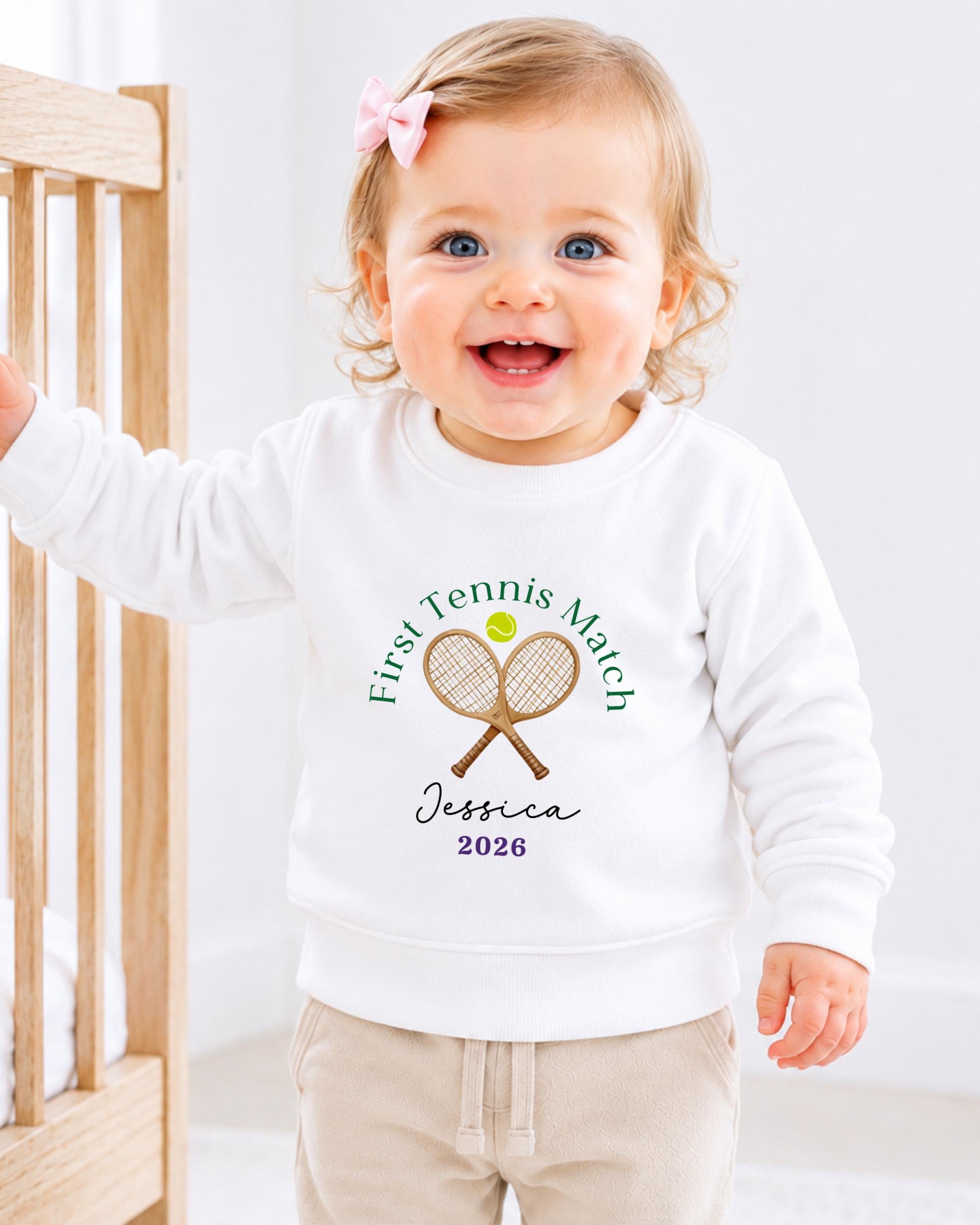 A smiling baby girl wearing a white sweatshirt with a tennis racket and ball design, standing next to a wooden crib.