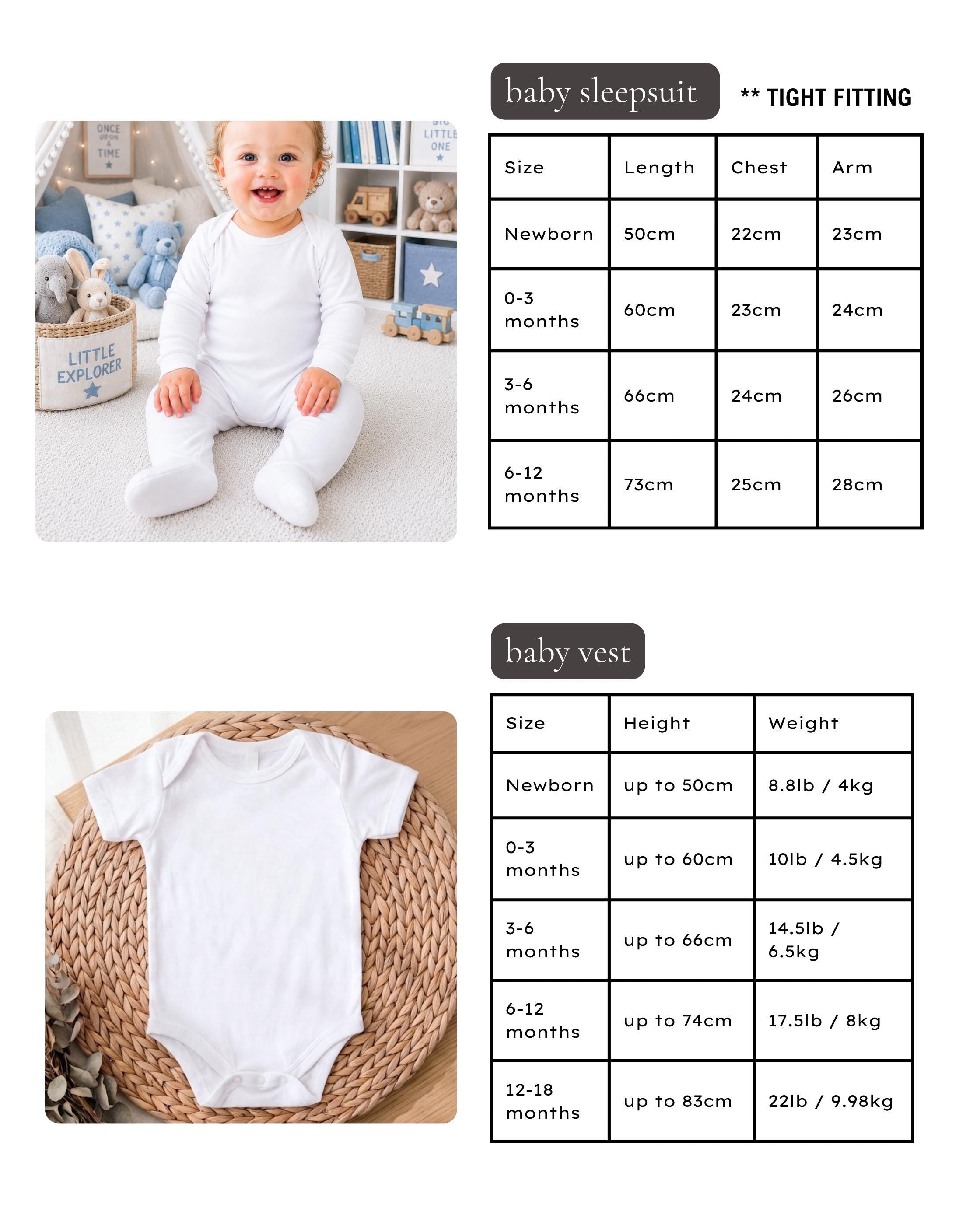 The image is a collage of two photos. The first photo shows a baby wearing a white onesie, sitting on a bed with a basket of stuffed animals. The second photo shows a baby's white baby vest, with a size chart indicating the appropriate size for the baby based on age and weight.