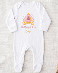 A white onesie with a pink carriage and the text "Halfway to One Freya" printed on it.