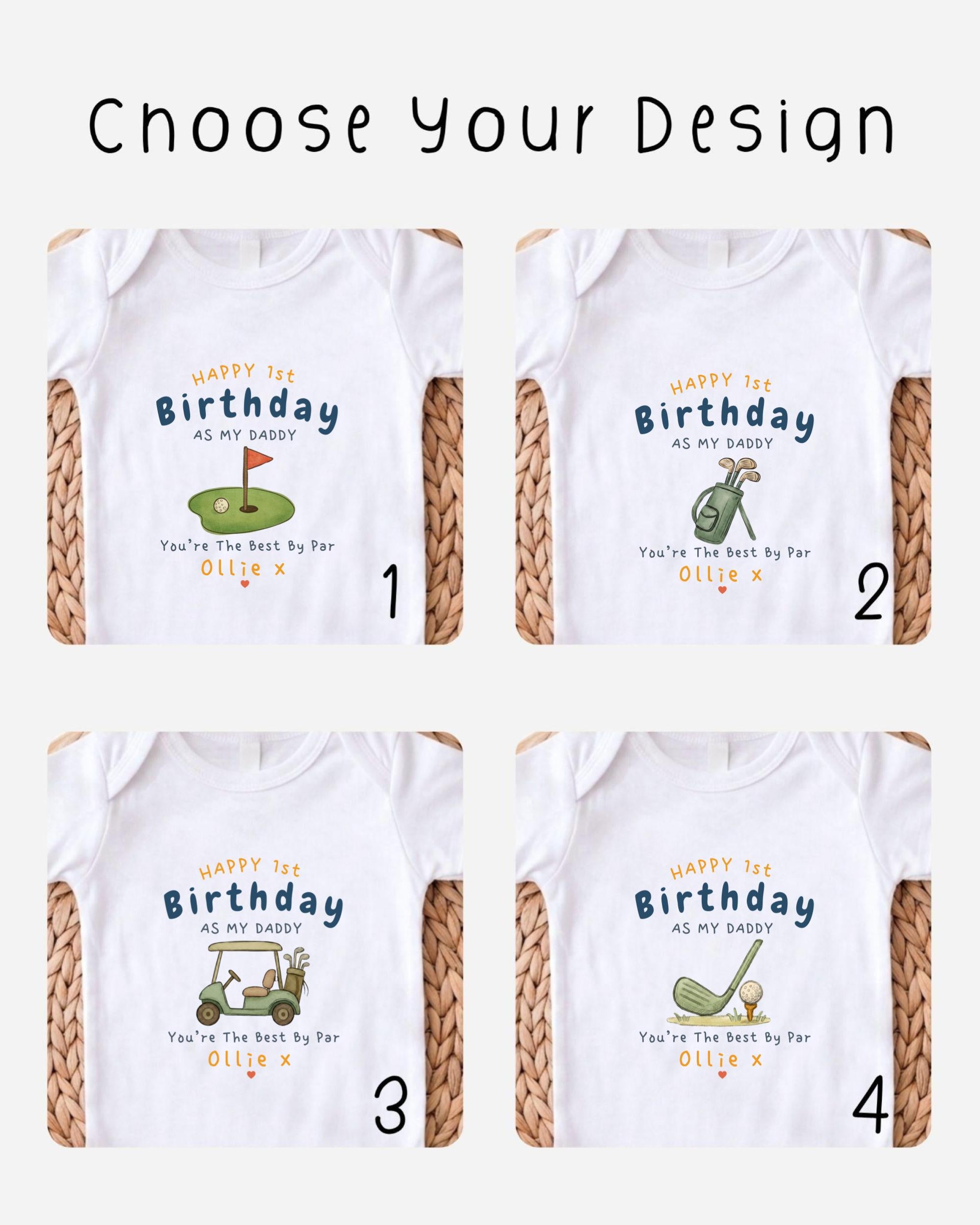 four different birthday t-shirts with personalized messages for a first birthday.