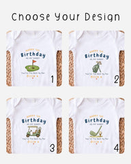 four different birthday t-shirts with personalized messages for a first birthday.