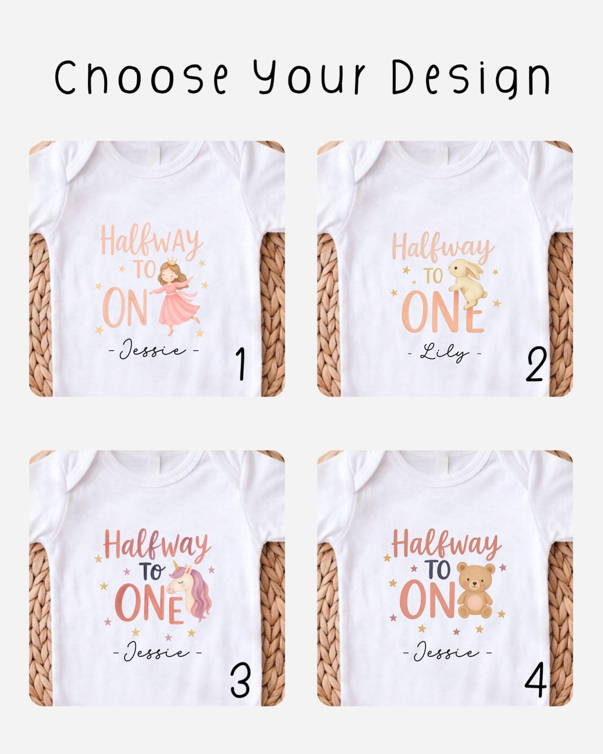 four different white t-shirts with the same design, each featuring a cartoon character and the text "Halfway to One" along with the name "Lilly" below the character.