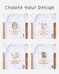 four different t-shirt designs featuring cartoon animals, including a hedgehog, a dog, a cat, and a raccoon, along with the text "Cutest Boo in Town" and the names "Alfie", "Hollie", " Oscar", and " Hudson".