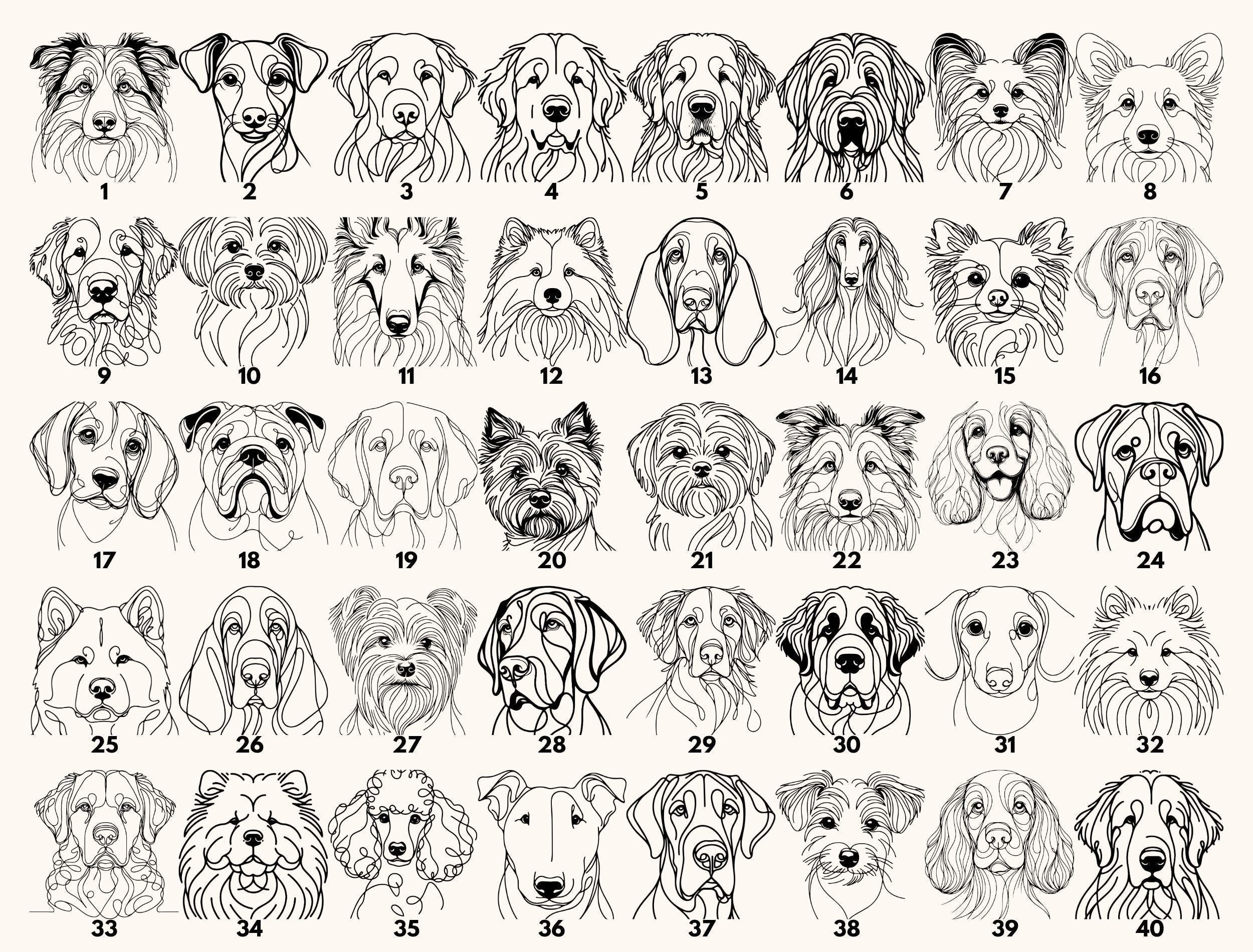 a grid of 24 black and white line drawings depicting various dog breeds, each with a unique facial expression and pose.