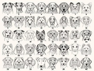 a grid of 24 black and white line drawings depicting various dog breeds, each with a unique facial expression and pose.