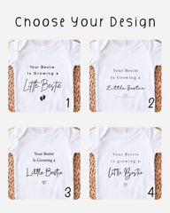 four white t-shirts with black text, each featuring a different message related to a growing baby. The messages include "Your Bestie is Growing a Little Bestie" and "Your Bestie is growing a Little Bestie".
