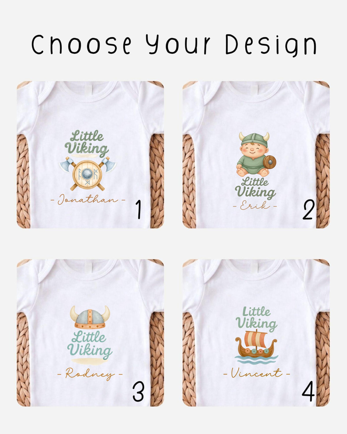 four different baby onesies with the name "Little Viking" printed on them.