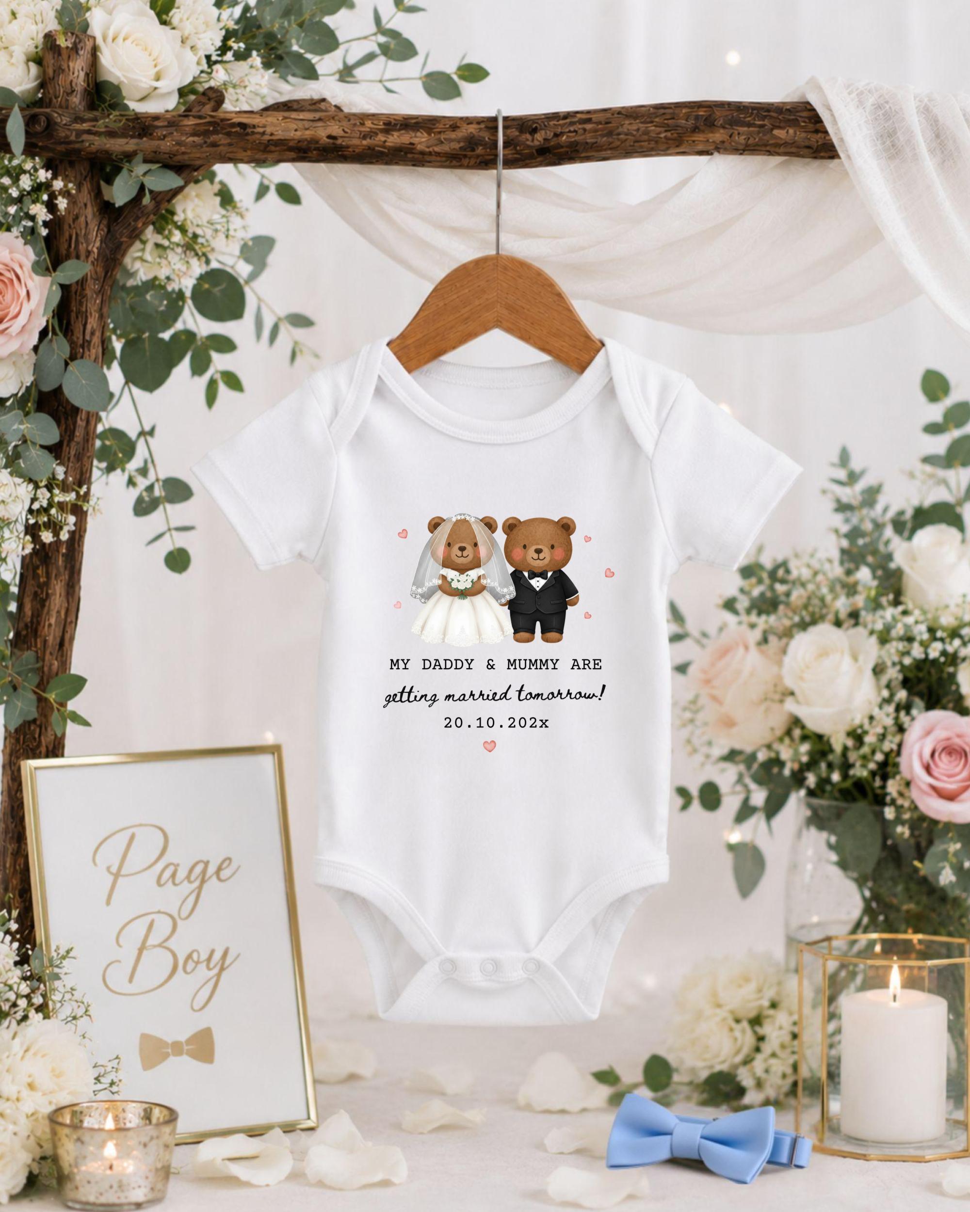 A white baby onesie with a graphic of a bride and groom is hanging on a wooden hanger, surrounded by floral decorations and a sign that reads "Page Boy".