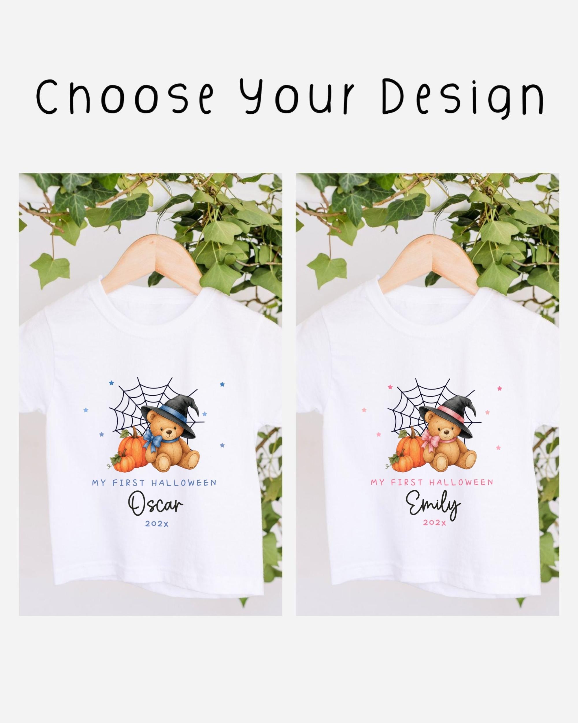 two white t-shirts with a teddy bear and a spider web design, hanging on a wooden hanger. The text on the t-shirts reads "My first Halloween Oscar 2020" and "My first Halloween Emily 2020", indicating the names of the babies.
