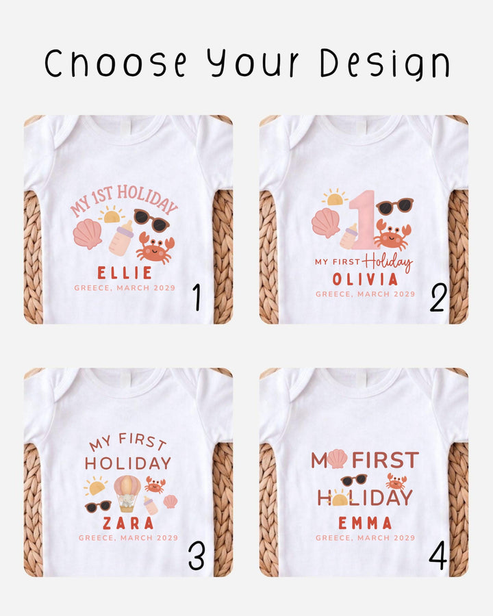 four different white t-shirts with various holiday-themed designs and text, each representing a different design choice for a child's first holiday outfit.