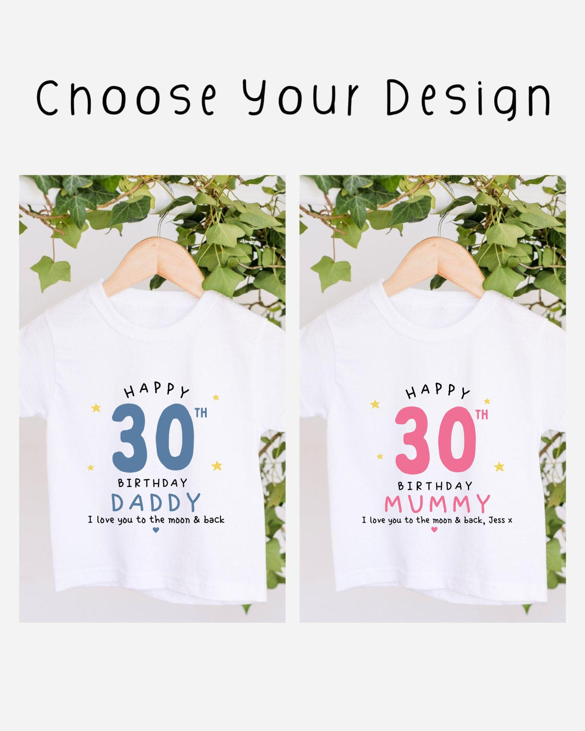two white t-shirts with birthday messages for a father and a mother, celebrating their 30th birthdays. The t-shirts are hanging on a wooden hanger, with a plant in the background.