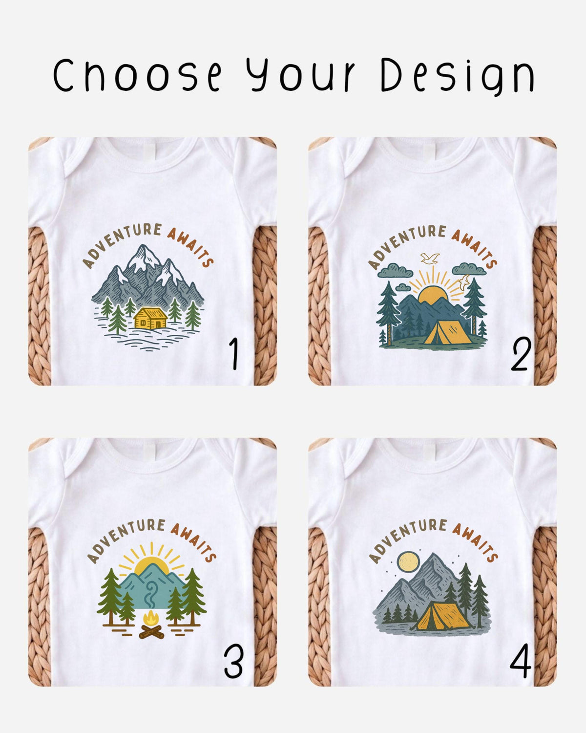 four different t-shirt designs featuring various camping and outdoor themes, including mountains, forests, tents, and campfires.