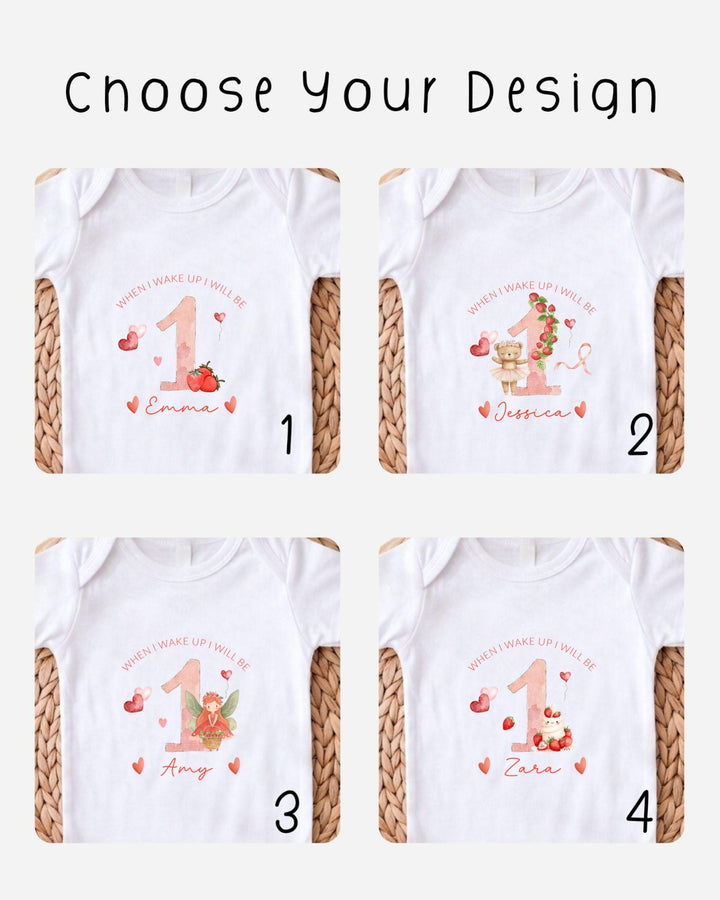 four different white t-shirts with personalized designs for a first birthday celebration. Each t-shirt features a unique design, including a number one, a heart, and a character. The designs are intended to represent the individual's name, age, and the theme of the first birthday party.