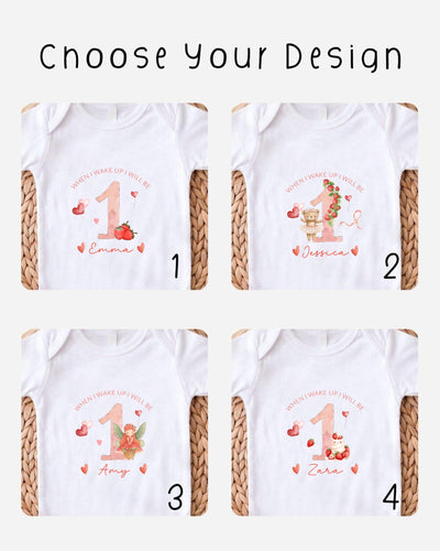 four different white t-shirts with personalized designs for a first birthday celebration. Each t-shirt features a unique design, including a number one, a heart, and a character. The designs are intended to represent the individual's name, age, and the theme of the first birthday party.