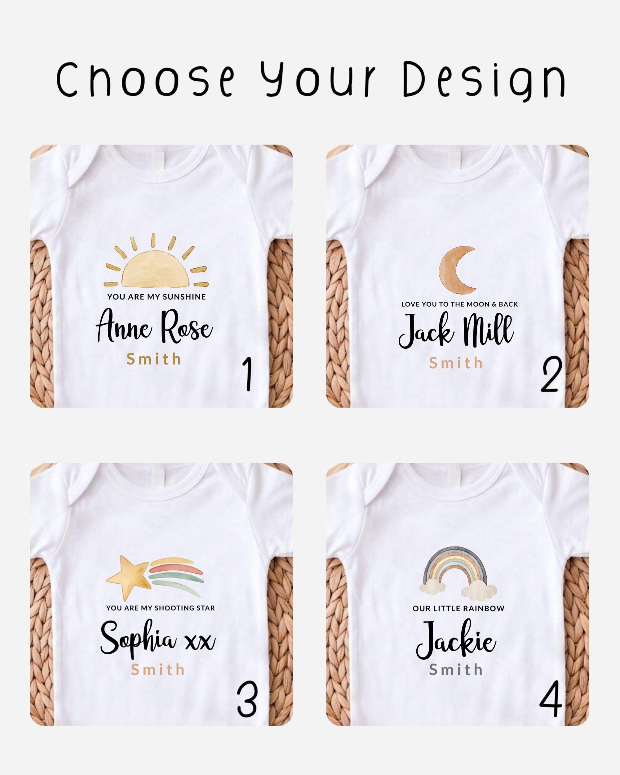 four different white t-shirts with personalized text and illustrations, each representing a different name and a different design.