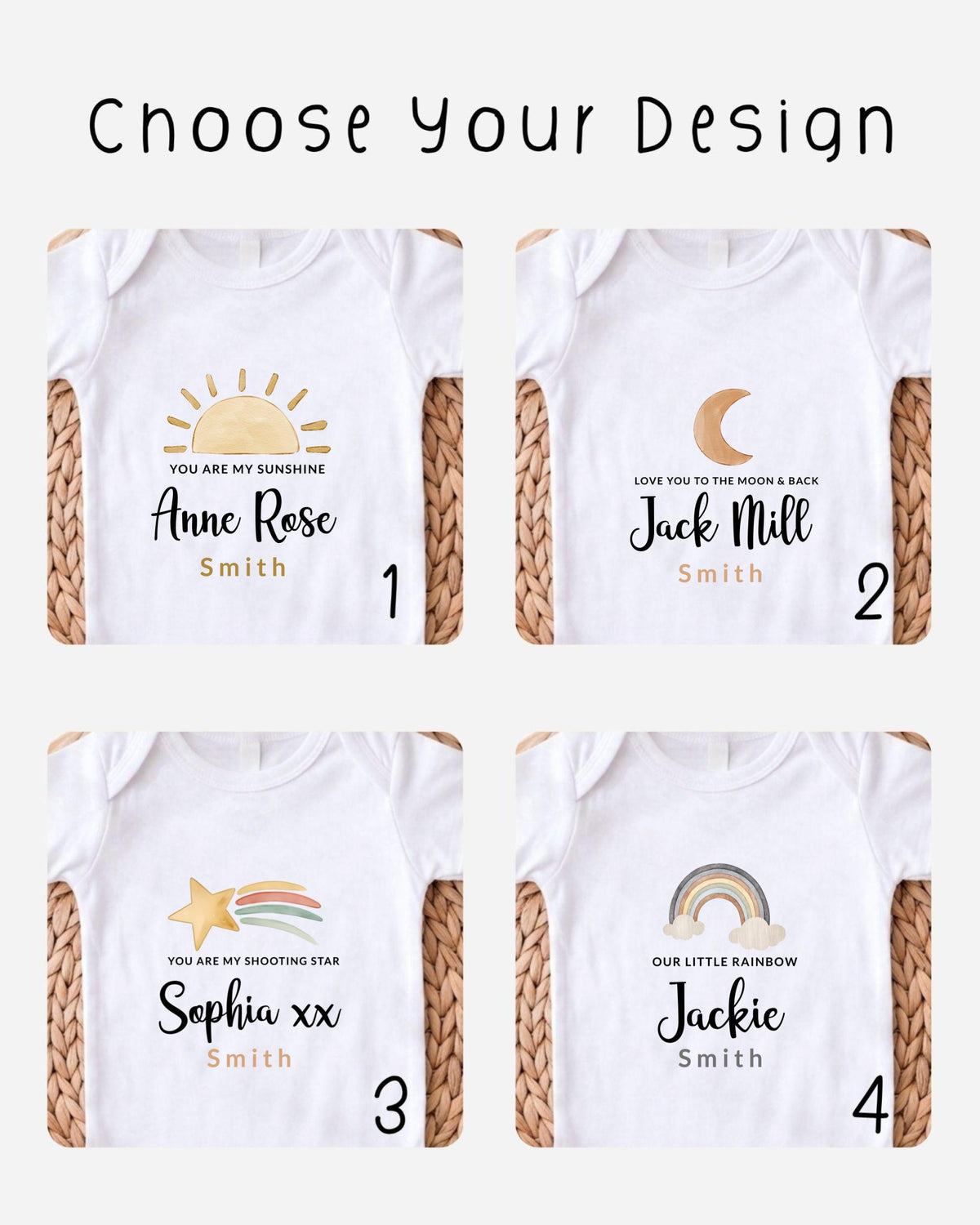 four different white t-shirts with personalized text and illustrations, each representing a different name and a different design.