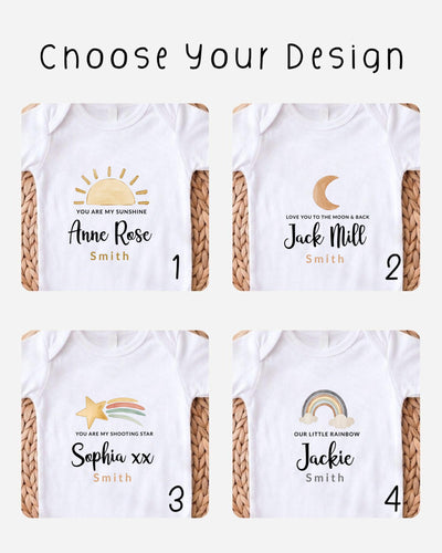 four different white t-shirts with personalized text and illustrations, each representing a different name and a different design.
