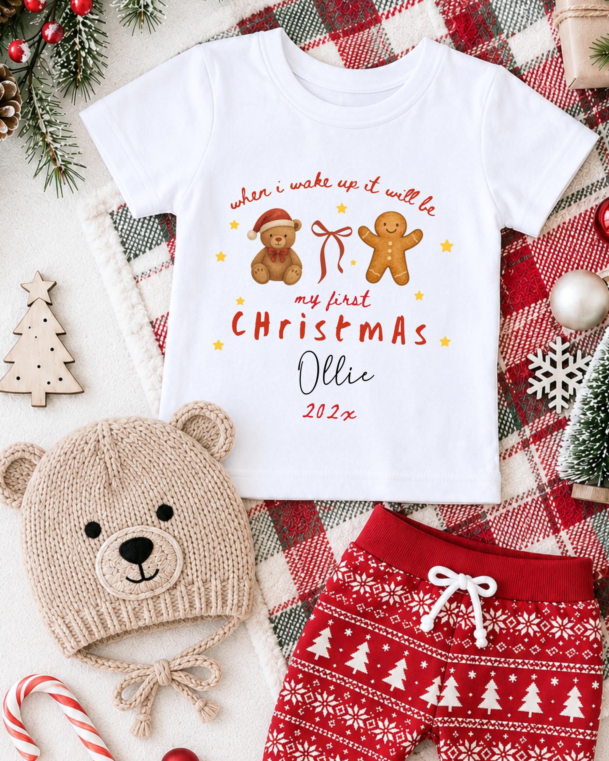 A white t-shirt with a Christmas-themed design, a beige knit hat, red and white patterned shorts, and other Christmas-themed items such as a gingerbread man and a snowflake ornament.