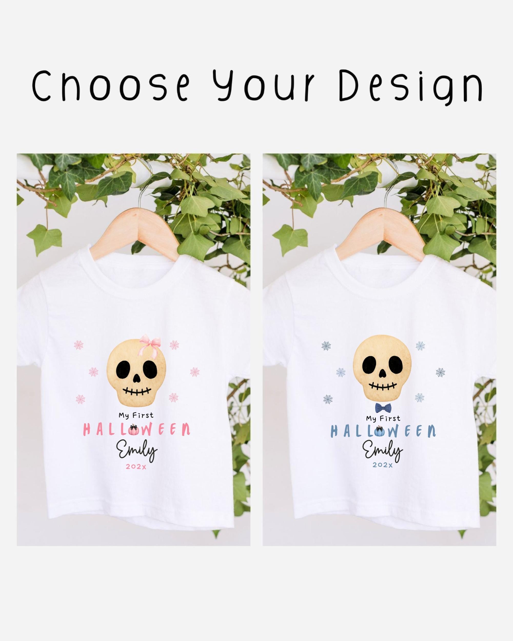 two white t-shirts with Halloween-themed designs, featuring skull images and text. The text on the t-shirts reads "My first Halloween Emily 202".