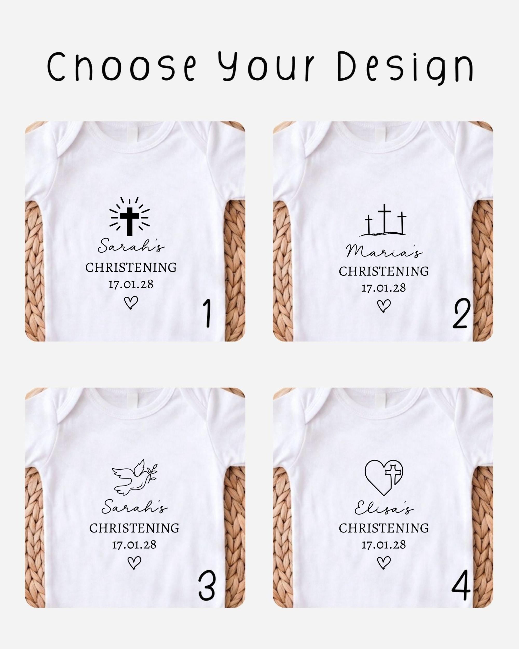 four white t-shirts with black text and graphics, each representing a different christening celebration.