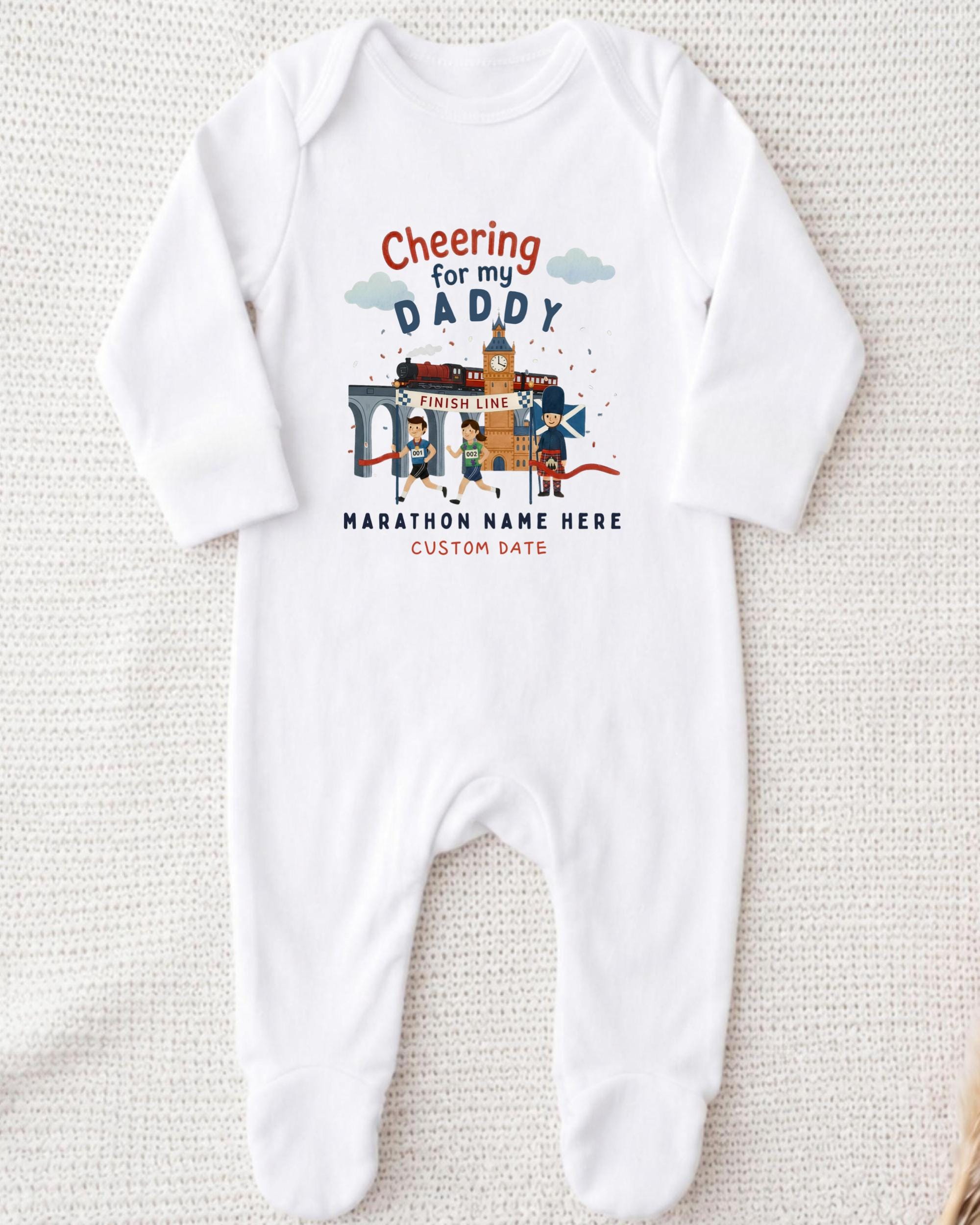 A white onesie with a graphic design on it, featuring a cartoon image of a father and his child, along with text that says "Cheering for my DADDY" and "Marathon Name Here".