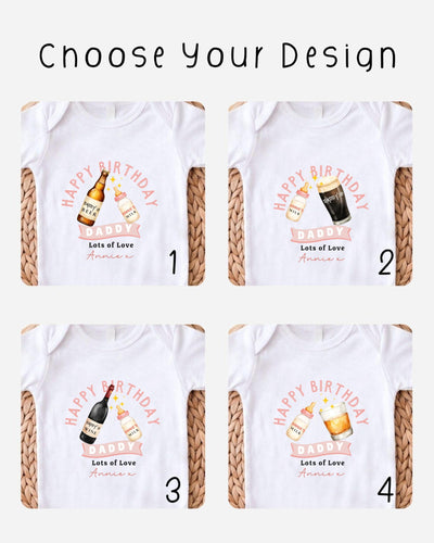 four different t-shirt designs featuring birthday-themed graphics and text.