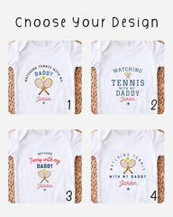four different white t-shirts with tennis-themed designs, each featuring a unique message or phrase related to tennis and the wearer's relationship with their father.