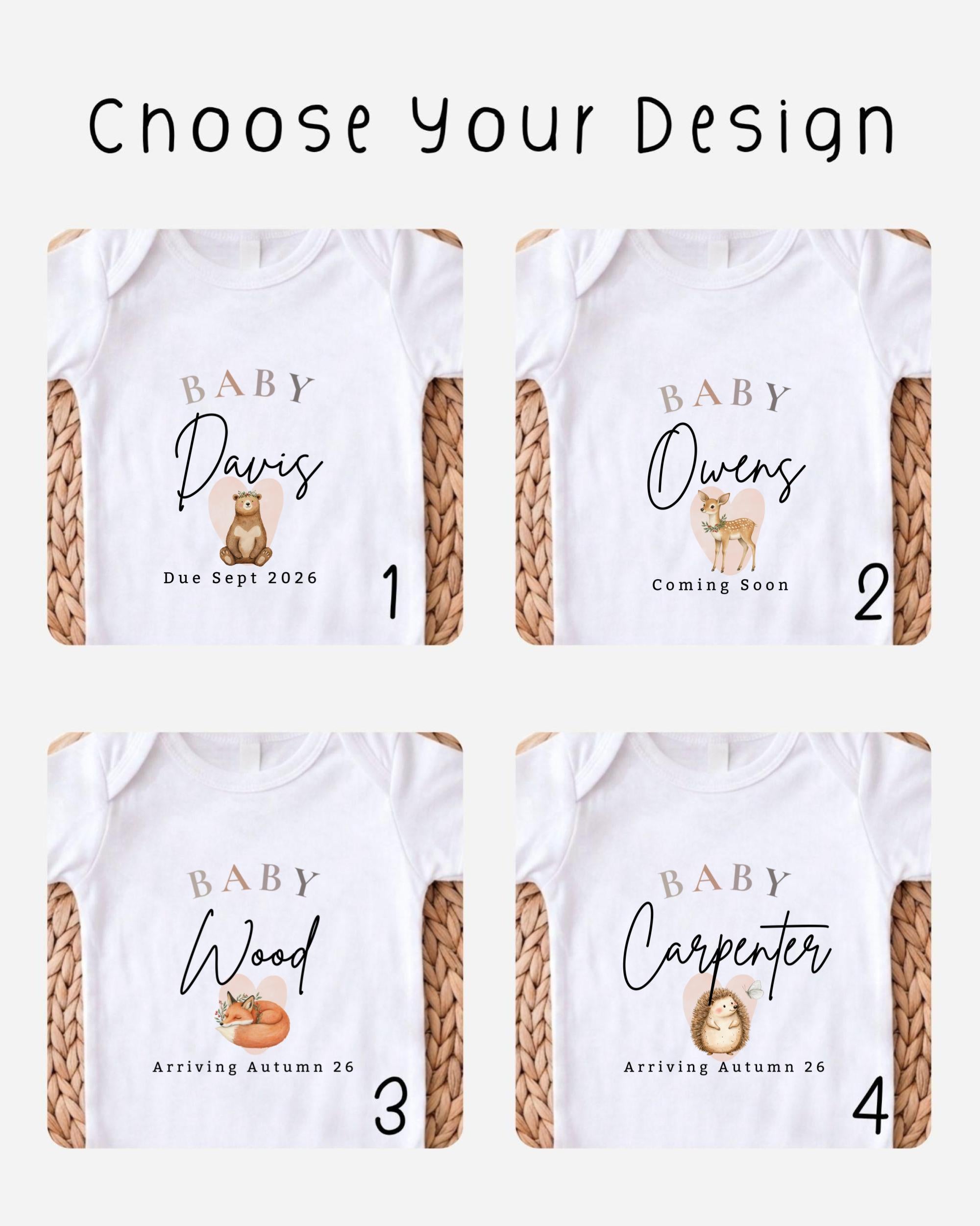four baby t-shirts with personalized text and illustrations, each representing a different baby's name and arrival date.