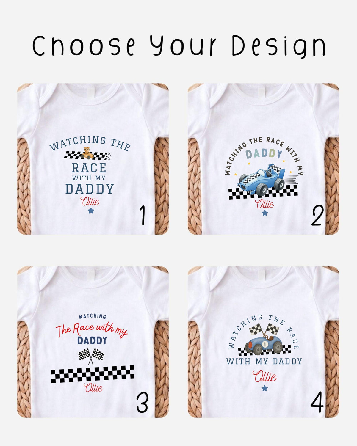 four different white t-shirts with various designs and text related to racing and a father-daughter theme.