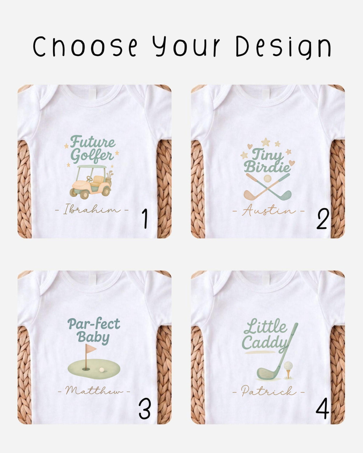 four different baby t-shirts with golf-themed designs, each with a unique name and golf-related imagery.