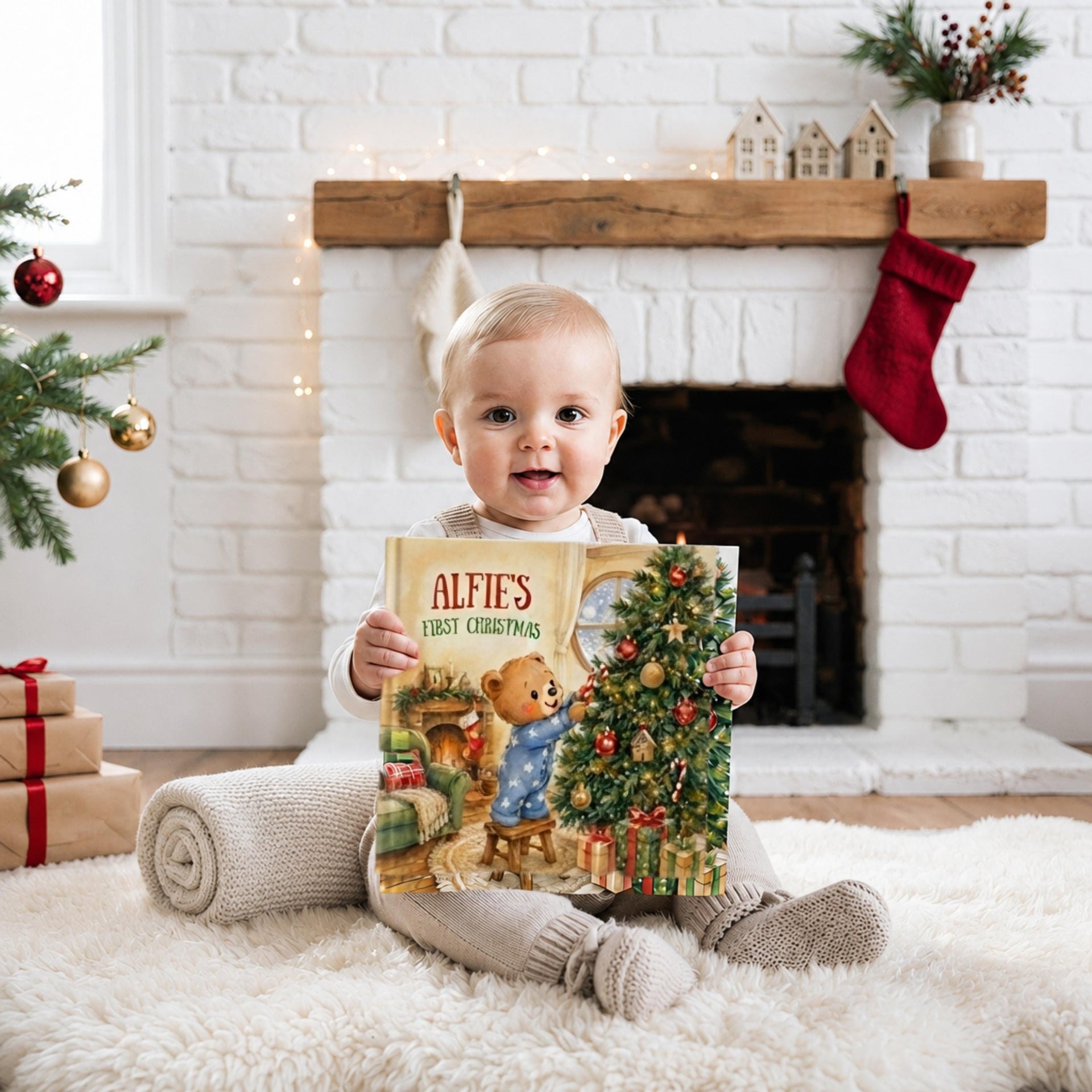 A baby is sitting on a white rug, holding a book titled "Alfie's first Christmas" and smiling. The background includes a fireplace, Christmas decorations, and wrapped gifts.
