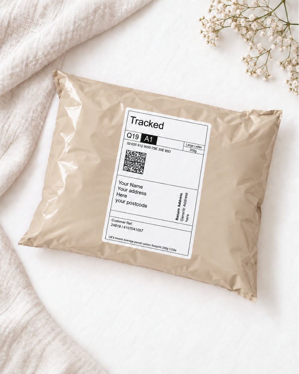 postal mail bag with a tracked shipping label showing generic recipient and sender addresses, styled on a white background with linen and delicate white flowers.