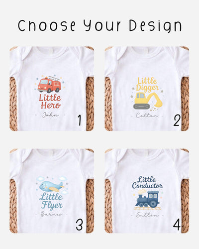 four different baby onesies with various designs, including a fire truck, a digger, a little airplane, and a conductor.
