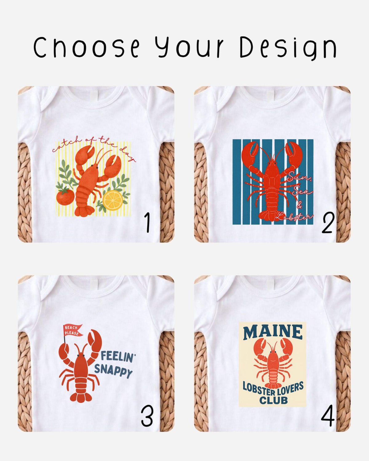 four different designs of white t-shirts, each featuring a lobster or crab motif. The designs include a lobster with a lemon, a lobster with a striped pattern, a lobster with a "Feelin' Snappy" slogan, and a lobster with the text "MAINE LOBSTER LOvers Club".