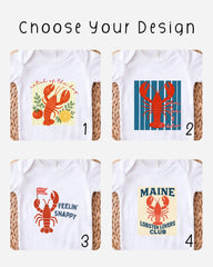 four different designs of white t-shirts, each featuring a lobster or crab motif. The designs include a lobster with a lemon, a lobster with a striped pattern, a lobster with a "Feelin' Snappy" slogan, and a lobster with the text "MAINE LOBSTER LOvers Club".