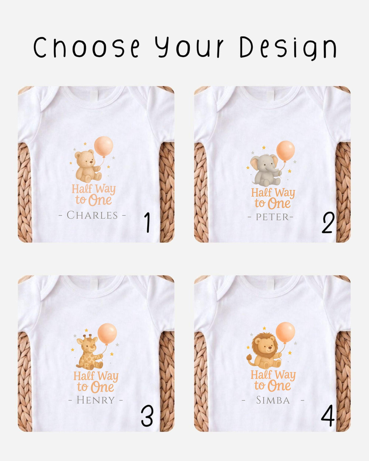 four different t-shirt designs featuring cartoon animals and the phrase "Half Way to One". The designs are labeled with the names "Charles", "Peter", "Henry", and "Simba".