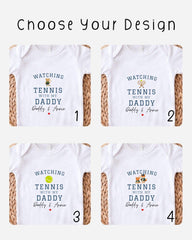 four different white t-shirts with the same design, each featuring the text "WATCHING TENNIS WITH MY DADY Daddy & Annie" along with tennis balls and a heart symbol.