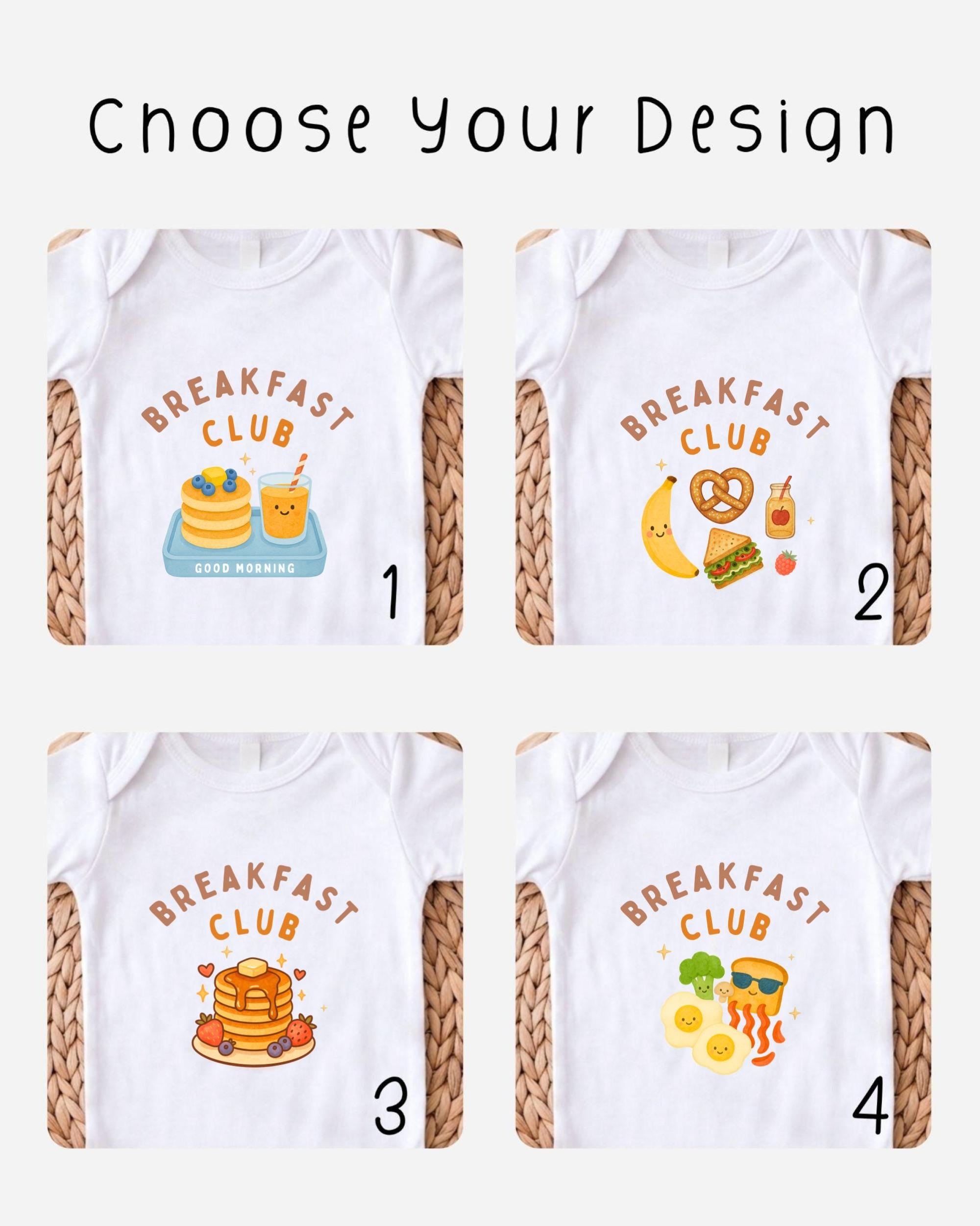 four different designs of white t-shirts, each featuring a breakfast-themed graphic. The designs include pancakes, a banana, a pretzel, and a cup of coffee.