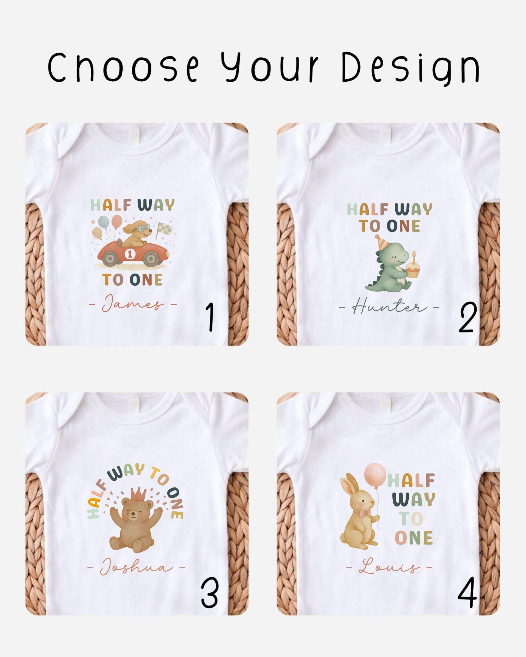 four different t-shirt designs featuring cartoon animals and the text "Half Way to One" along with the names "James", "Hunter", "Joshua", and "Louis".