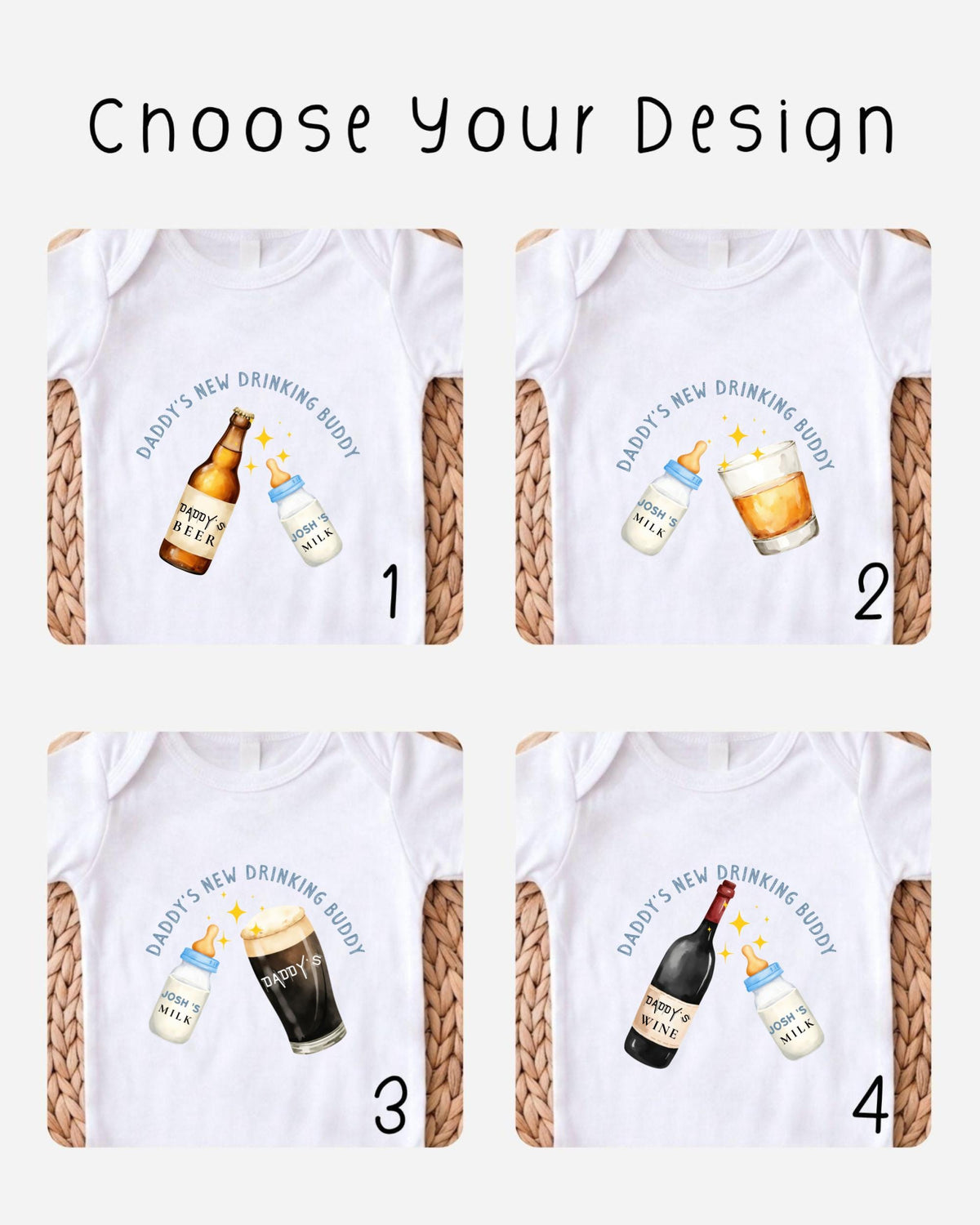 four different designs of t-shirts, each featuring a baby bottle and a glass of beer or wine, along with the text "DADY'S NEW DRINKING BUDDY" printed on them.