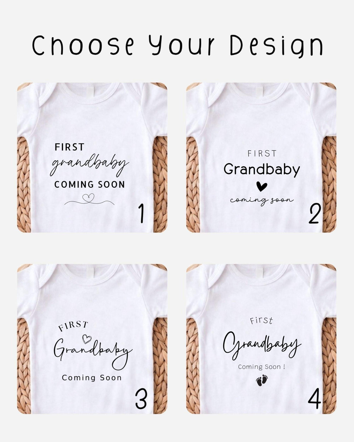 four different designs of white t-shirts with text that announces the arrival of a first baby. The text on the t-shirts reads "FIRST Grandbaby Coming Soon", "FIRST Grandbaby Coming Soon", "FIRST Grandbaby Coming Soon", and "FIRST Grandbaby Coming Soon".
