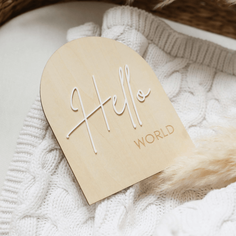 Arch Shaped Hello World Wooden Baby Announcement Sign - Baby Pandas
