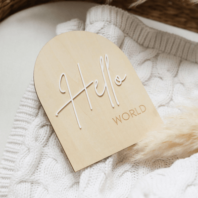 Arch Shaped Hello World Wooden Baby Announcement Sign - Baby Pandas