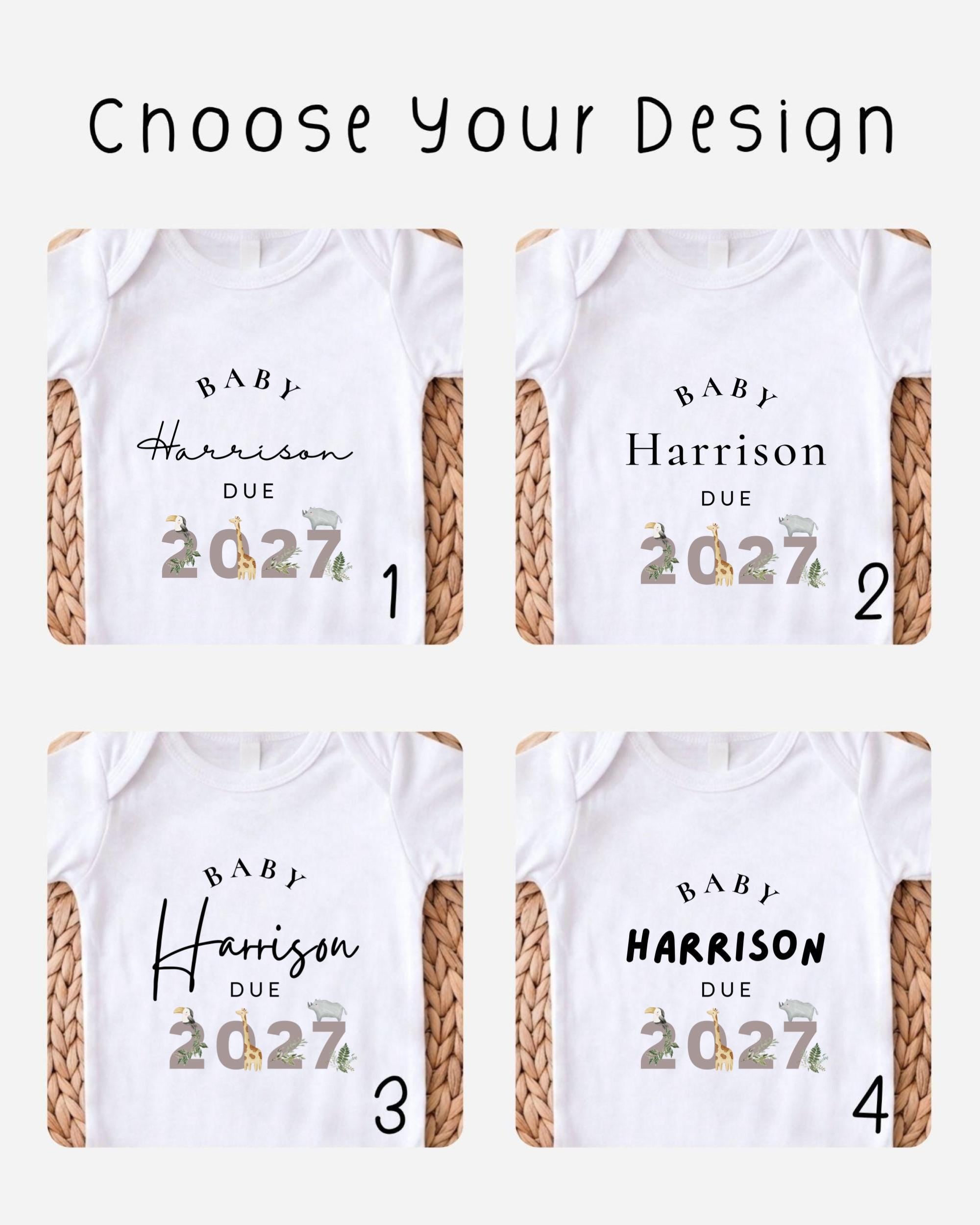 four different baby shirts with the name "Baby Harrison" and the due date "2027" printed on them.