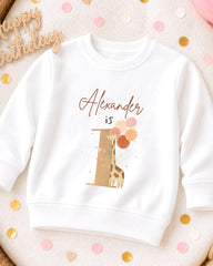 A white sweatshirt with a giraffe and balloons printed on it, along with the text "Alexander is" printed above the giraffe.