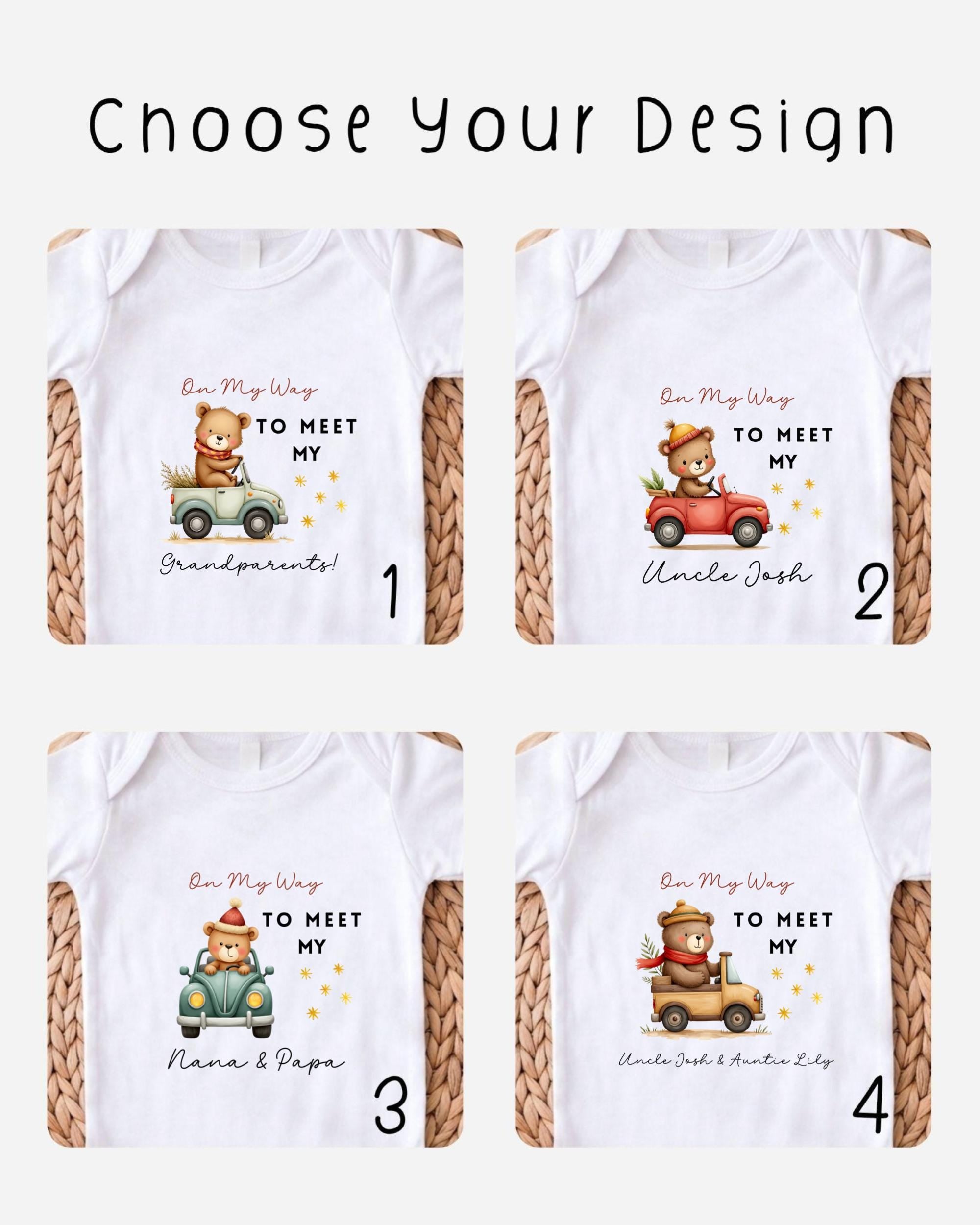 four different t-shirt designs featuring cartoon bears in various vehicles, along with text that says "On My Way to Meet My Grandparents!" and "On My Way to Meet My Uncle Josh".