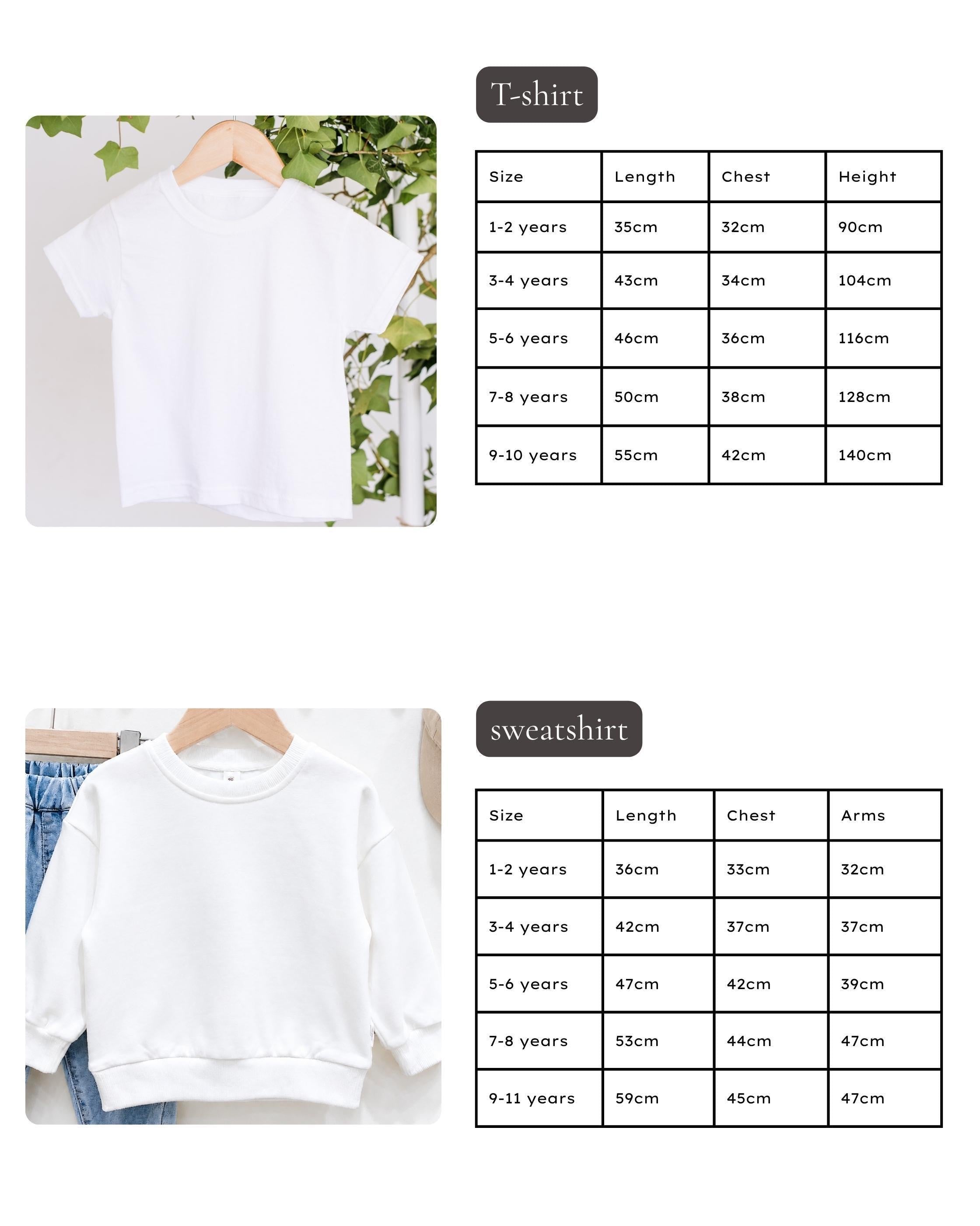 a collection of clothing items, including a white T-shirt and a white sweatshirt, along with their respective sizes and measurements.