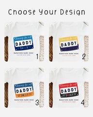 four different t-shirt designs featuring the word "DADY" in various colors and styles.
