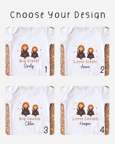 four different designs of white t-shirts featuring cartoon images of two children, one labeled "Big Sister" and the other "Little Sister". The designs are labeled with the names "Emilly" and "Annie" for each child.